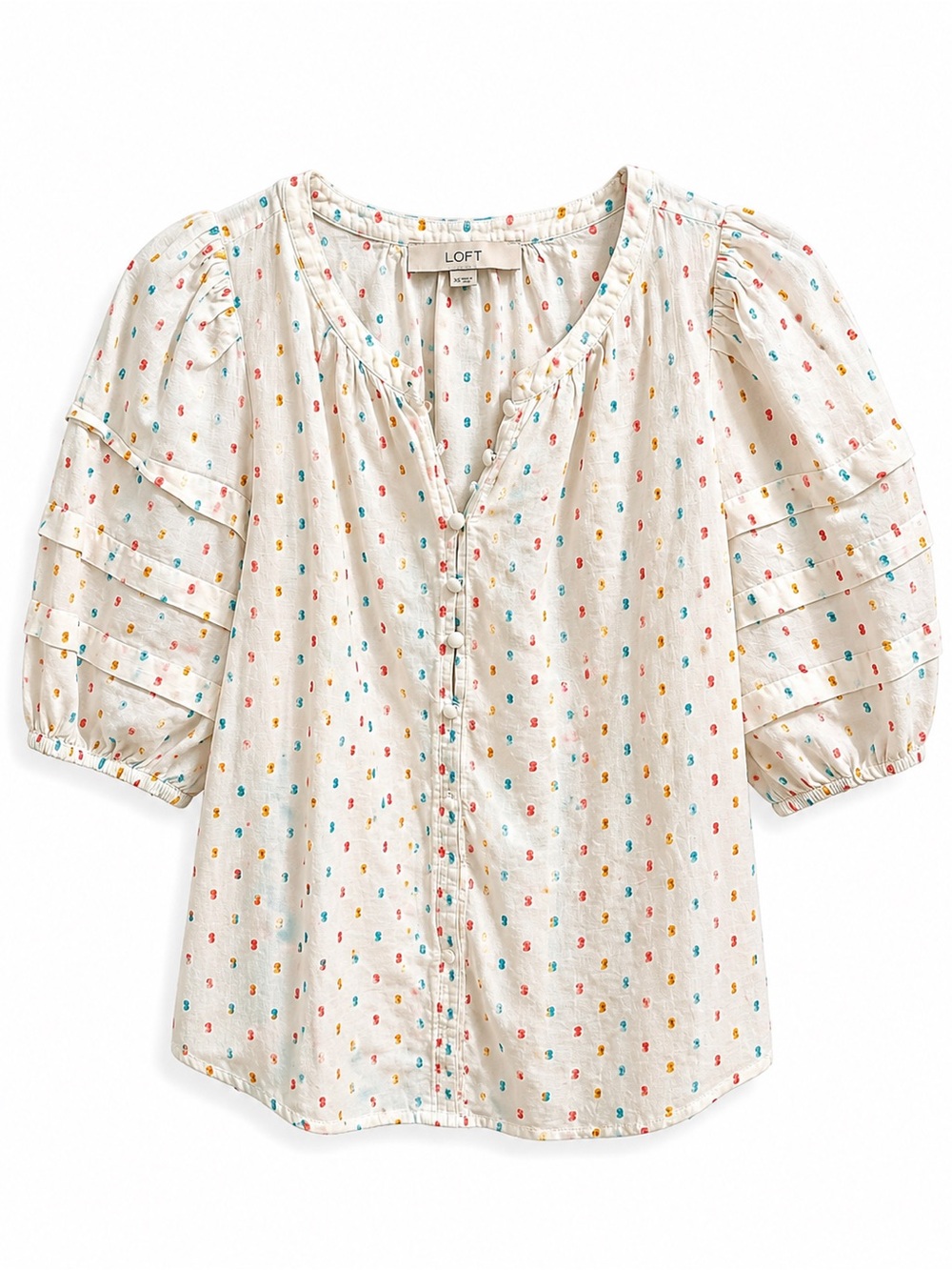 LOFT XS White Multicolor Swiss Dot Puff Sleeve Blouse
